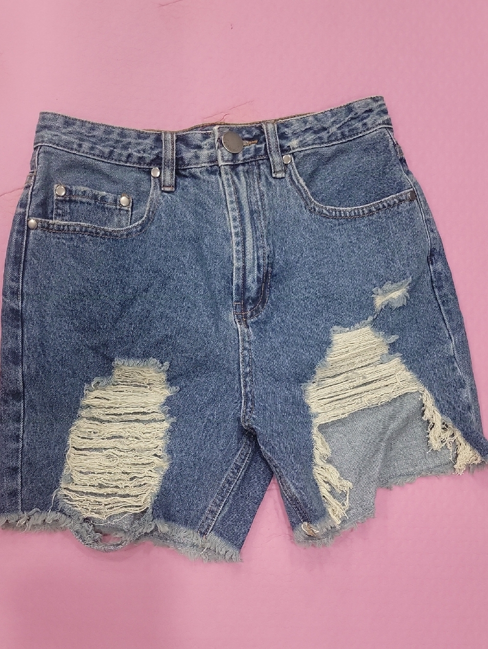 High-Rise Distressed Denim Shorts - Blue